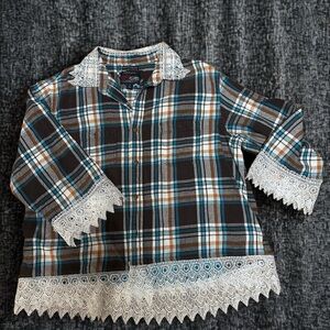 Upcycled Plaid Flannel Shirt with Lace Trim